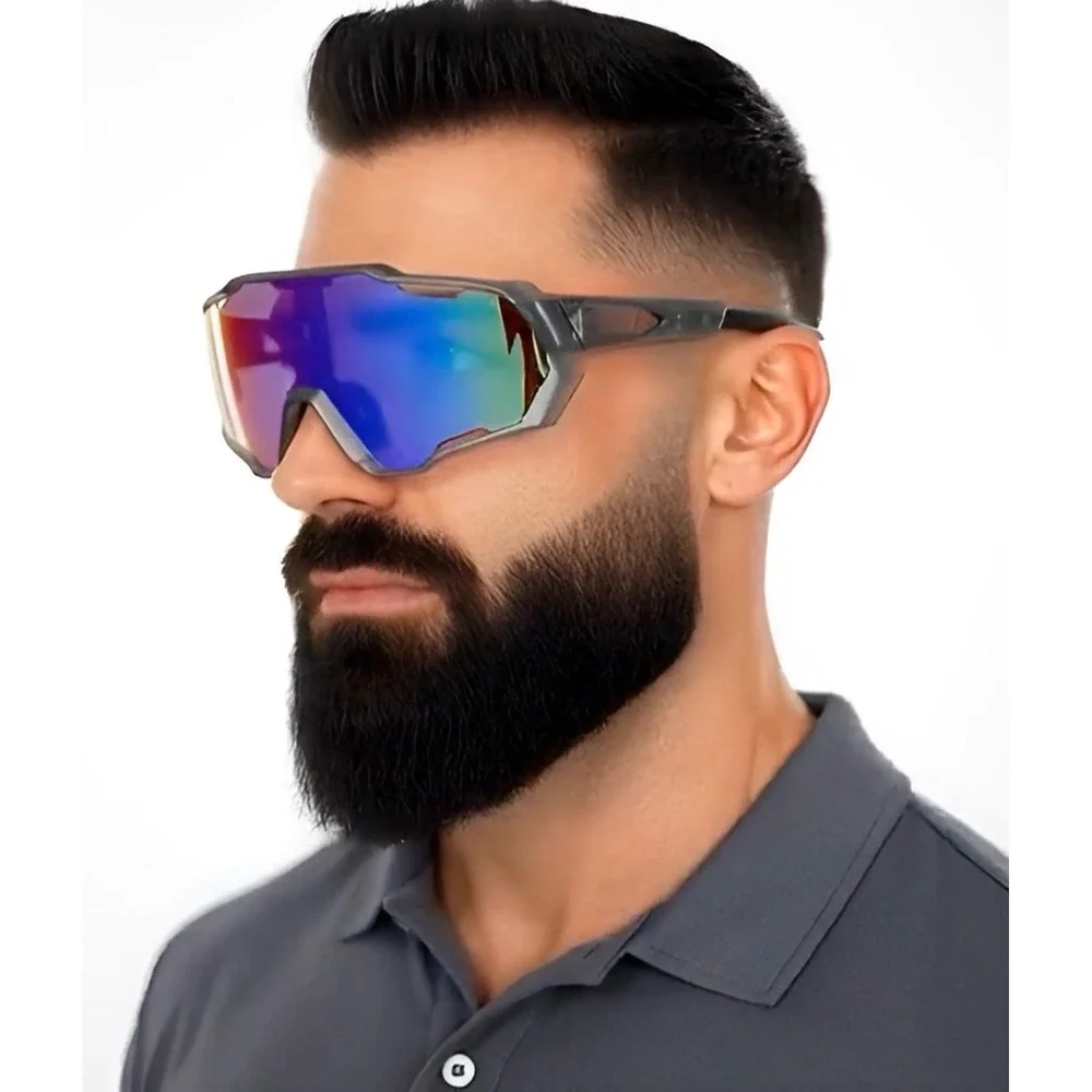 Mens Sport Shield Cycling Sunglasses Translucent Grey Iridescent Mirror Lens New
